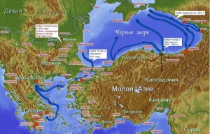 Карта набегов южных готов (росов дромитов) на порты Восточно-римской империи